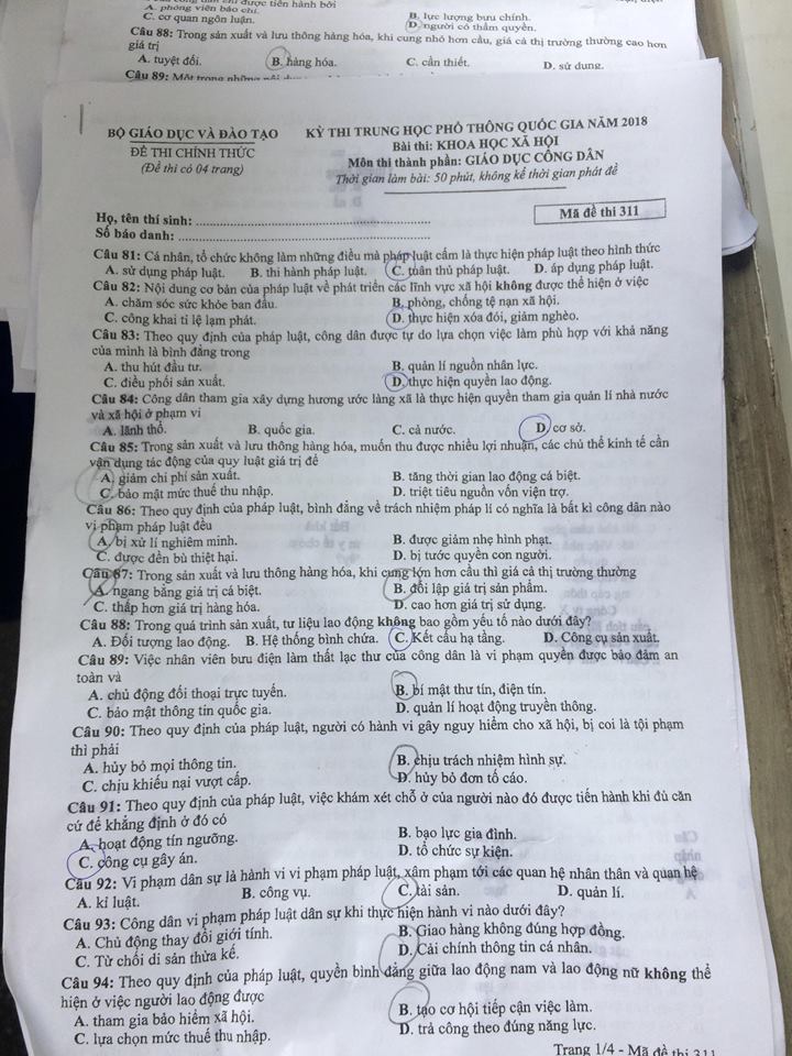 Đề thi, đáp án môn Giáo dục công dân mã đề 311 THPT Quốc gia 2018 chuẩn nhất