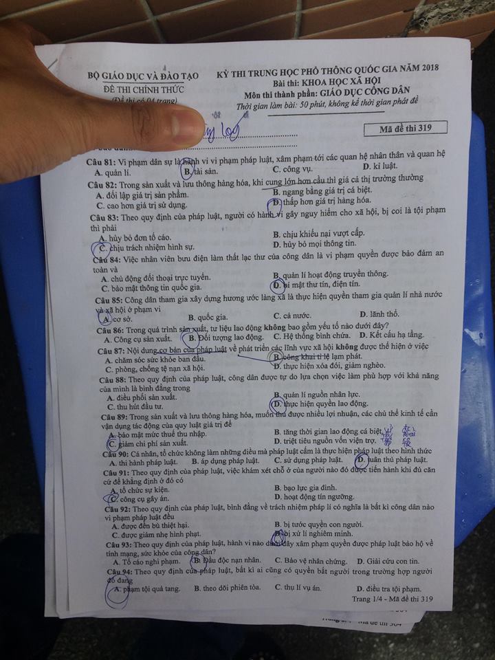 Đề thi, đáp án môn Giáo dục công dân mã đề 319 THPT Quốc gia 2018 chuẩn nhất