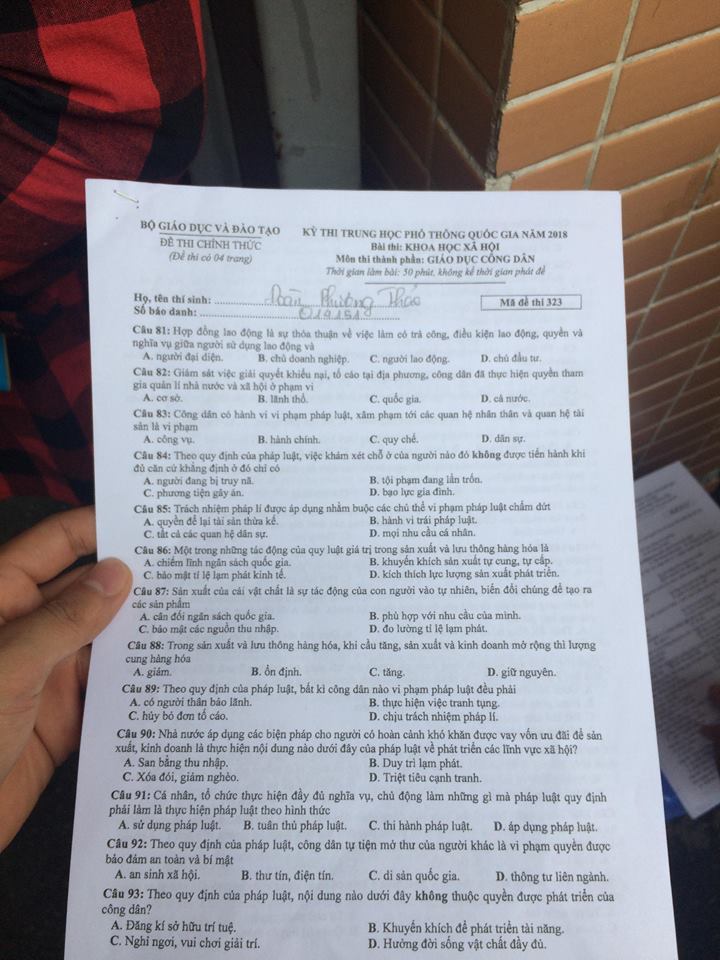 Đề thi, đáp án môn Giáo dục công dân mã đề 323 THPT Quốc gia 2018 chuẩn nhất
