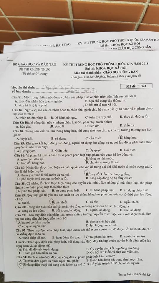 Đề thi, đáp án môn Giáo dục công dân mã đề 324 THPT Quốc gia 2018 chuẩn nhất