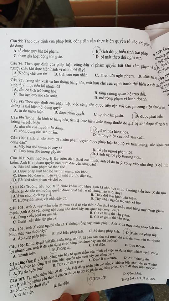 Đề thi, đáp án môn Giáo dục công dân mã đề 324 THPT Quốc gia 2018 chuẩn nhất (Hình 2).