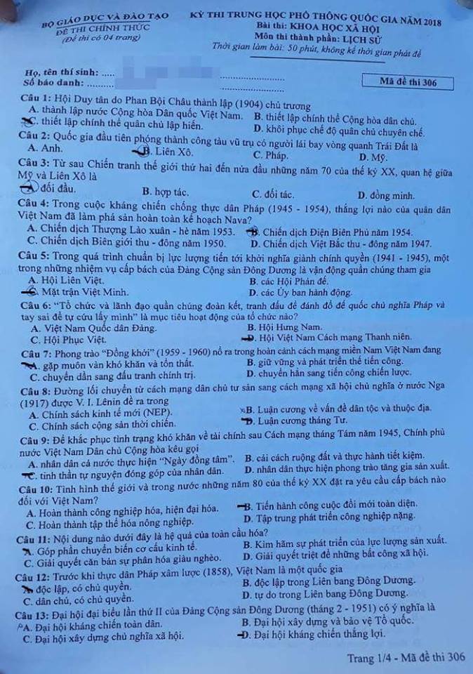 Đề thi, đáp án môn Lịch sử mã đề 306 thi THPT Quốc gia 2018 chuẩn nhất