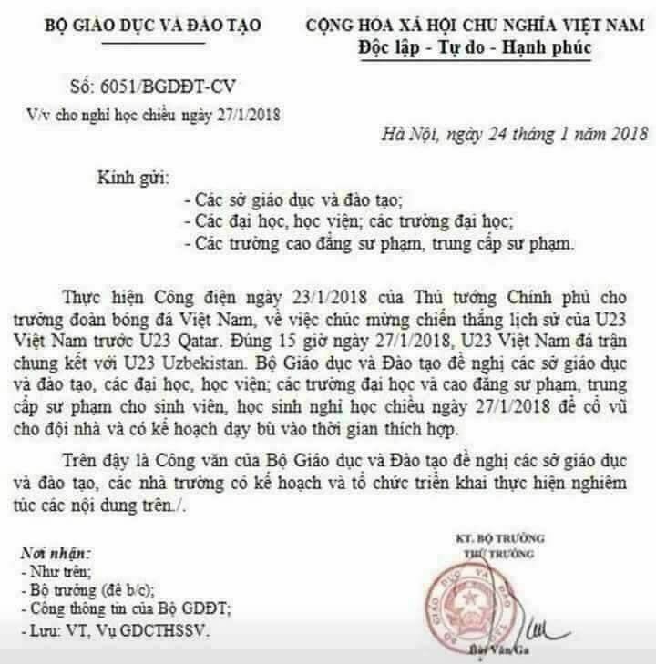 Giáo dục - Công văn cho HSSV nghỉ học xem U23 Việt Nam là giả mạo