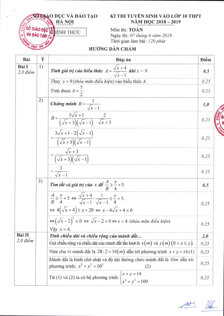 Sở GD&ĐT Hà Nội công bố đáp án chính thức môn Toán lớp 10