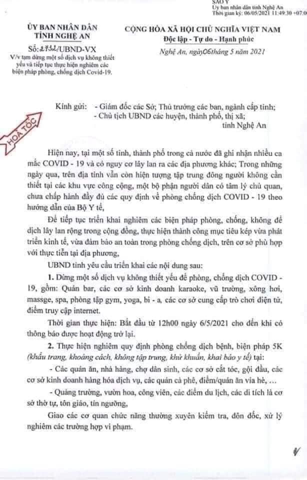 Sự kiện - Nghệ An “hoả tốc” tạm dừng các hoạt động dịch vụ không thiết yếu