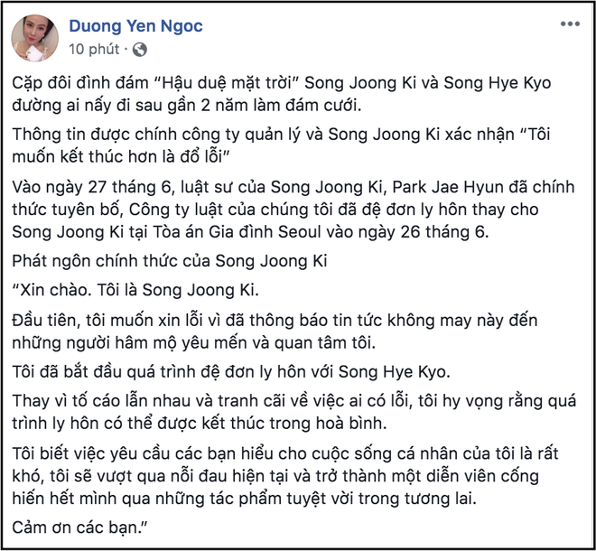 Giải trí - Sao Việt tiếc nuối khi biết tin Song Joong Ki và Song Hye Kyo ly hôn: 'Còn ai dám tin vào ngôn tình?' (Hình 6).