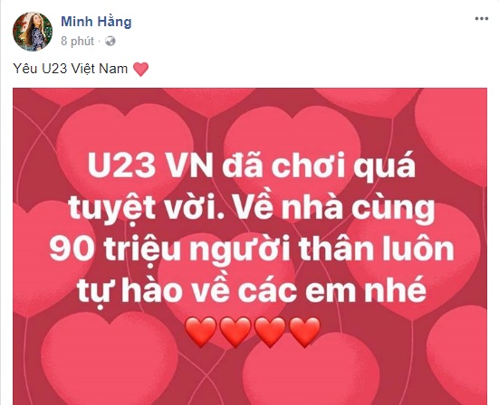 Ca sĩ Minh Hằng tự hào, hãnh diện trước màn thi đấu quả cảm của U23 Việt Nam.