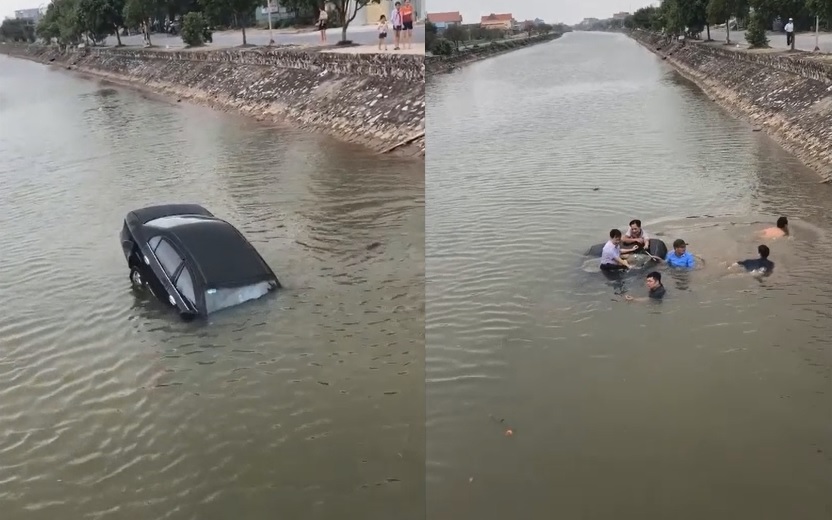 Xa lộ - Clip: Ô tô mất lái rơi xuống sông, người dân hợp sức đập kính giải cứu tài xế