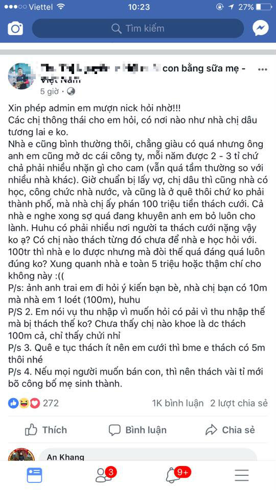 Cộng đồng mạng - Tranh cãi chuyện nhà gái thách cưới nhà trai 100 triệu đồng