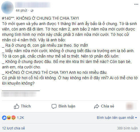 Tranh cãi gay gắt chuyện mới yêu nhau được một tháng bạn trai đã đòi sống thử