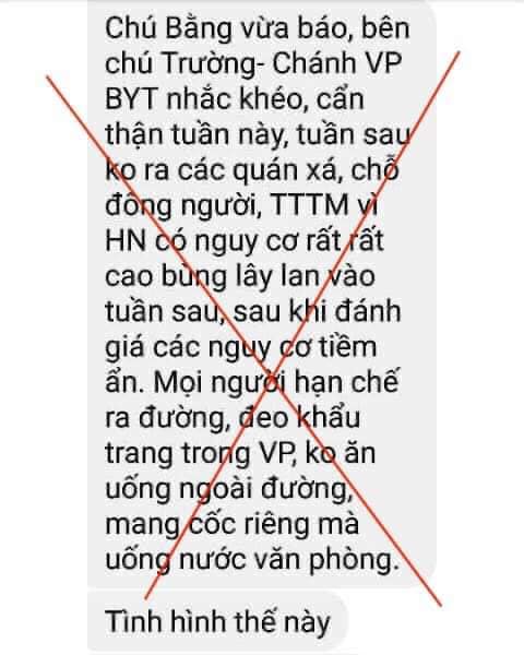 Tin nhanh - Bộ Y tế lên tiếng về tin nhắn khuyến cáo “Nguy cơ cao lây lan bùng phát dịch Covid-19 tại Hà Nội trong tuần tới”