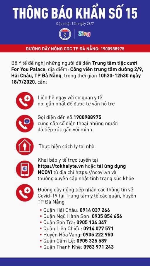 Tin nhanh - Bộ Y tế ra thông báo khẩn tìm người đã đến một trung tâm tiệc cưới tại Đà Nẵng