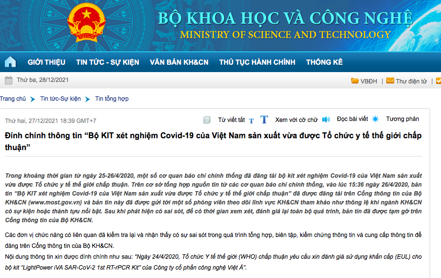 Sự kiện - Bộ KH&CN thông tin về việc gỡ bài “KIT xét nghiệm Covid của Việt Á”