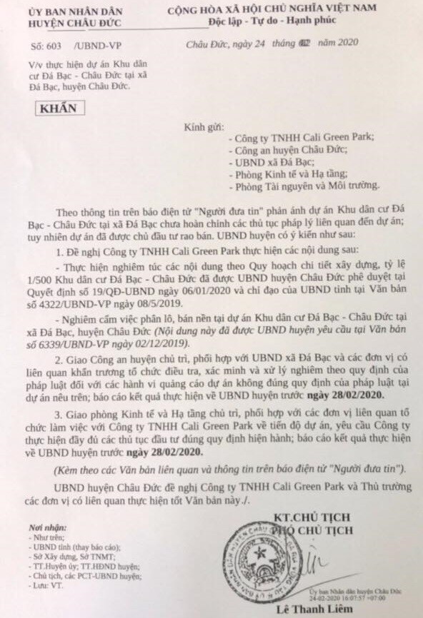 Bất động sản - Sau phản ánh của báo Người Đưa Tin, UBND huyện ra văn bản khẩn nghiêm cấm phân lô bán nền KDC Đá Bạc – Châu Đức