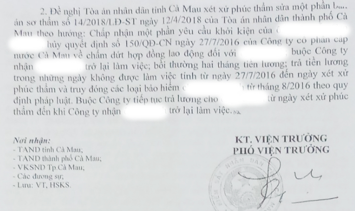 Vụ án lao động công ty Cấp nước Cà Mau: Án sơ thẩm bác yêu cầu của công nhân là không đúng quy định (Hình 2).