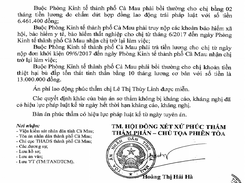 Vụ nhân viên kiện phòng Kinh tế TP.Cà Mau: Kháng nghị toàn bộ bản án