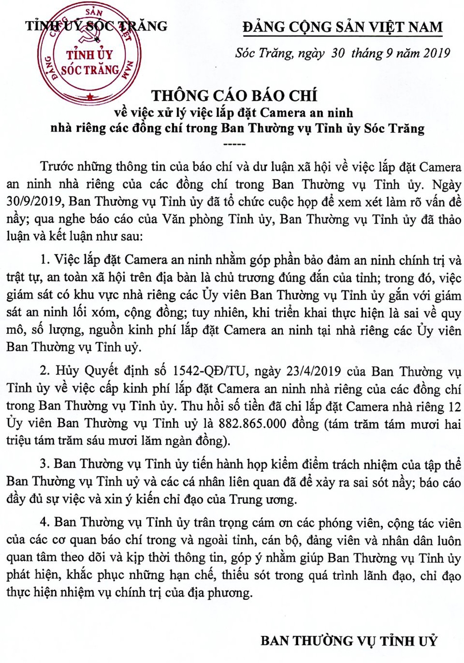 Tin nhanh - Sóc Trăng: Hủy quyết định chi gần 1 tỉ đồng lắp camera tại nhà riêng cán bộ ban Thường vụ Tỉnh ủy (Hình 2).