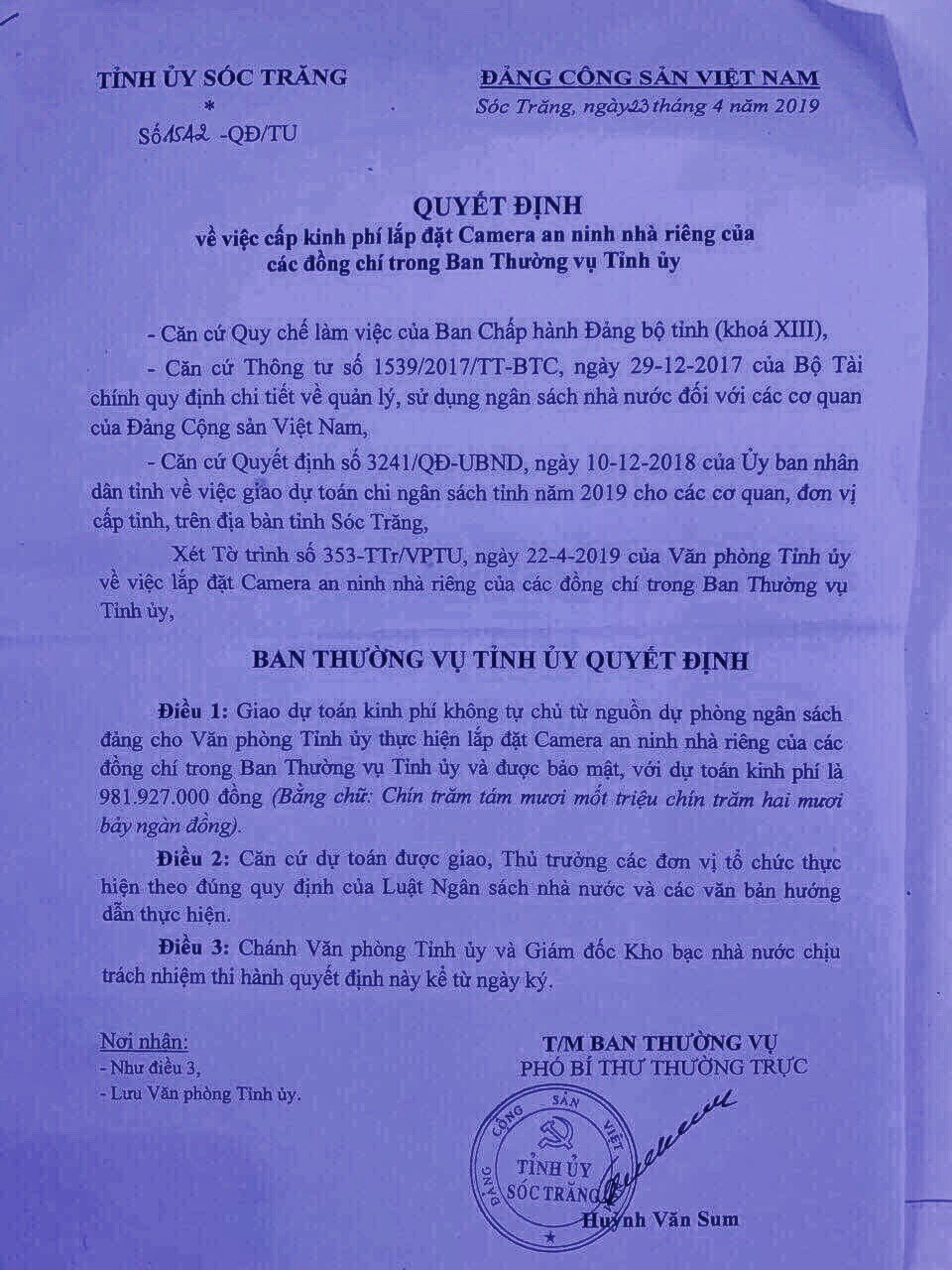 Tin nhanh - Sóc Trăng: Hủy quyết định chi gần 1 tỉ đồng lắp camera tại nhà riêng cán bộ ban Thường vụ Tỉnh ủy