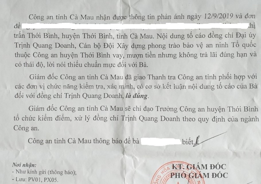 Tin nhanh - Cà Mau: Chỉ đạo kiểm điểm Đại úy công an vay, mượn tiền dân nhưng không trả lãi đúng hạn