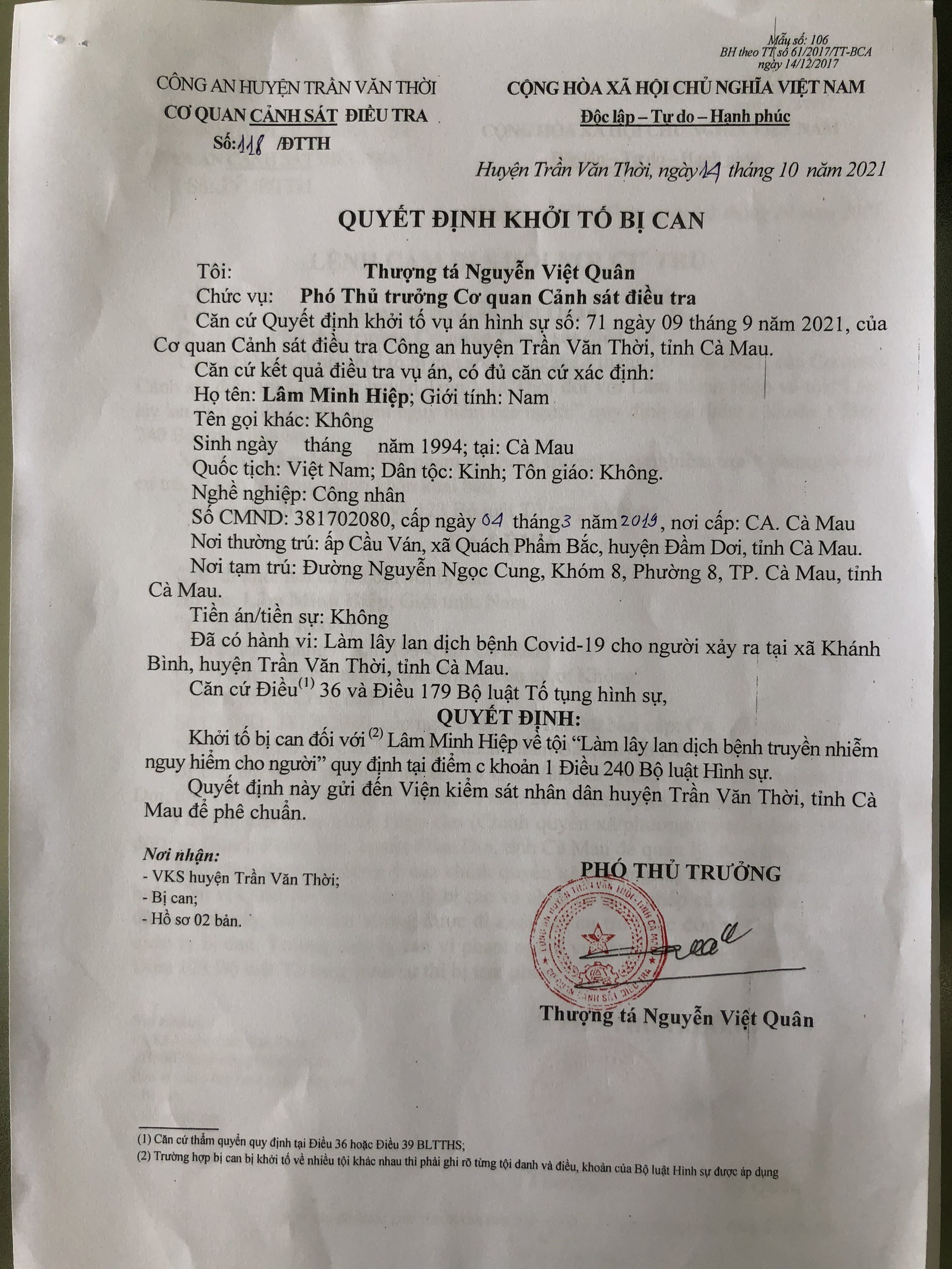 An ninh - Hình sự - Khởi tố 9X ở Cà Mau làm lây lan dịch bệnh Covid-19 (Hình 2).