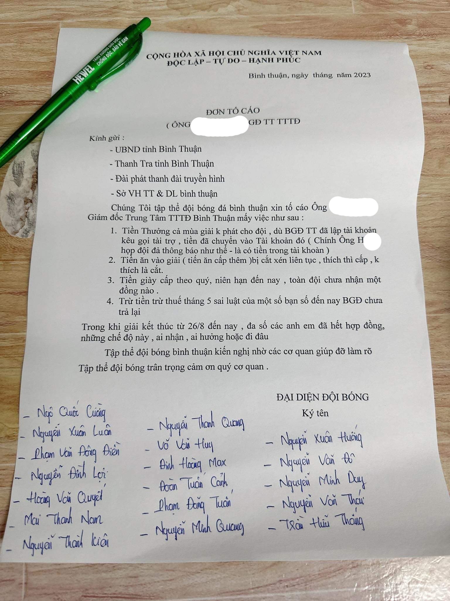 Bóng đá Việt Nam - Cầu thủ CLB Bình Thuận tuyệt vọng, viết đơn đòi tiền đội bóng?