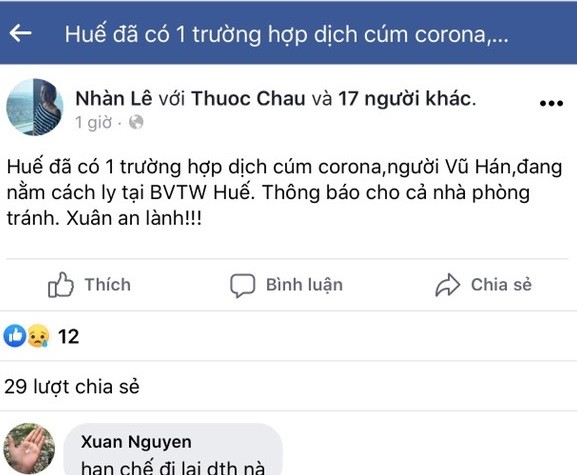 Tin nhanh - Huế có một trường hợp bị nhiễm vi-rút Corona là thông tin thất thiệt