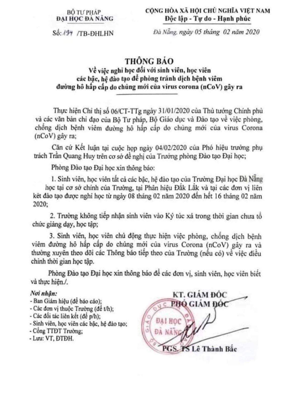 Tin nhanh - Thực hư văn bản Đại học Đà Nẵng tiếp tục cho sinh viên nghỉ đến 16/2 vì dịch corona?