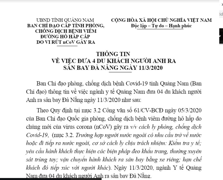 Tin nhanh - Quảng Nam trần tình lý do đưa 4 người nước ngoài trong diện cách ly Covid-19 ra sân bay Đà Nẵng