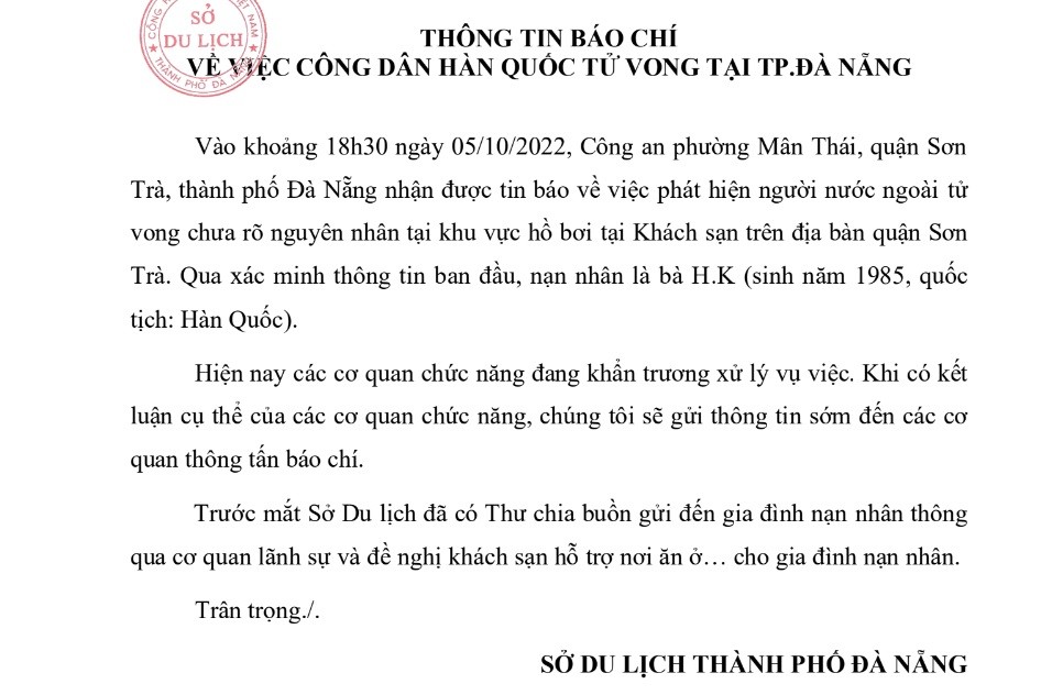 An ninh - Hình sự - Đà Nẵng: Điều tra nguyên nhân nữ du khách Hàn Quốc tử vong 