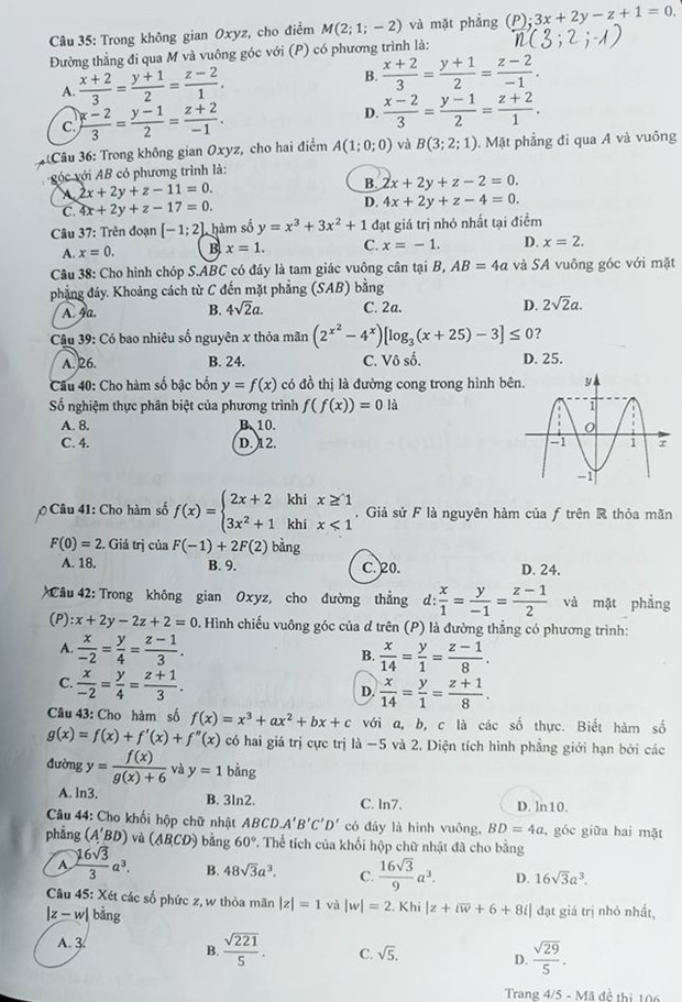 Giáo dục - Đáp án đề thi môn Toán tốt nghiệp THPT 2021 chuẩn nhất mã đề 106 (Hình 3).