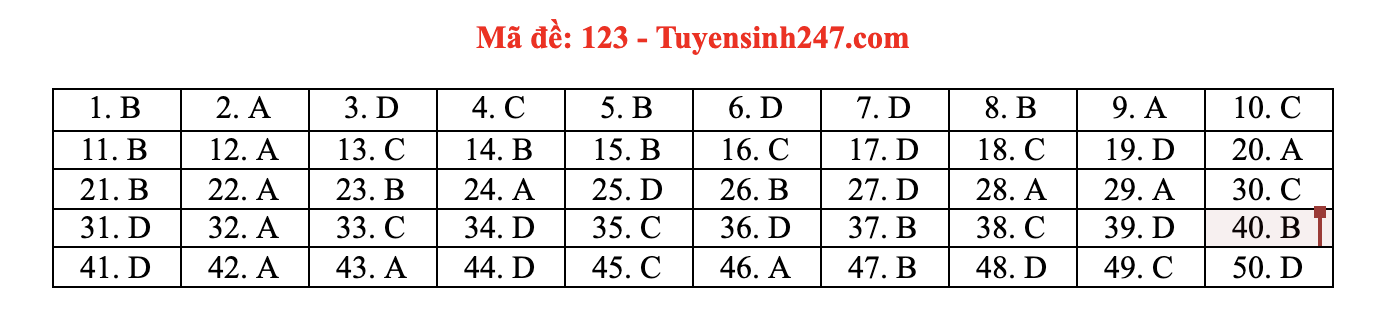 Giáo dục - Đáp án đề thi môn Toán tốt nghiệp THPT 2021 chuẩn nhất mã đề 123