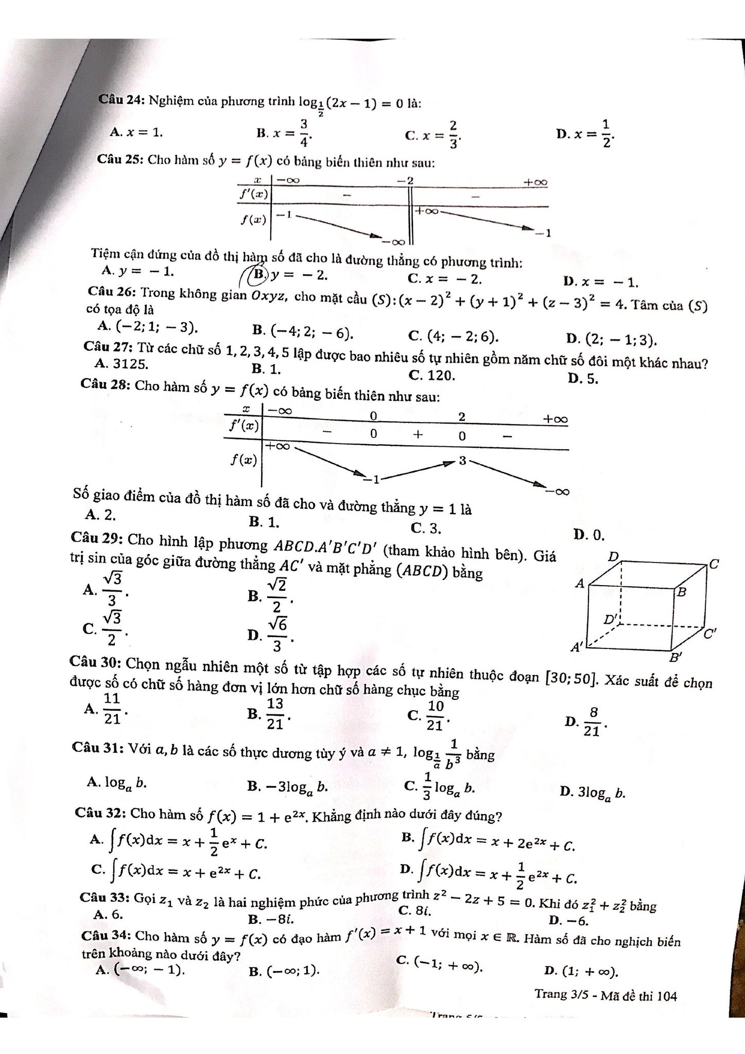 Giáo dục - Đáp án đề thi môn Toán tốt nghiệp THPT 2022 chuẩn nhất mã đề 104 (Hình 3).