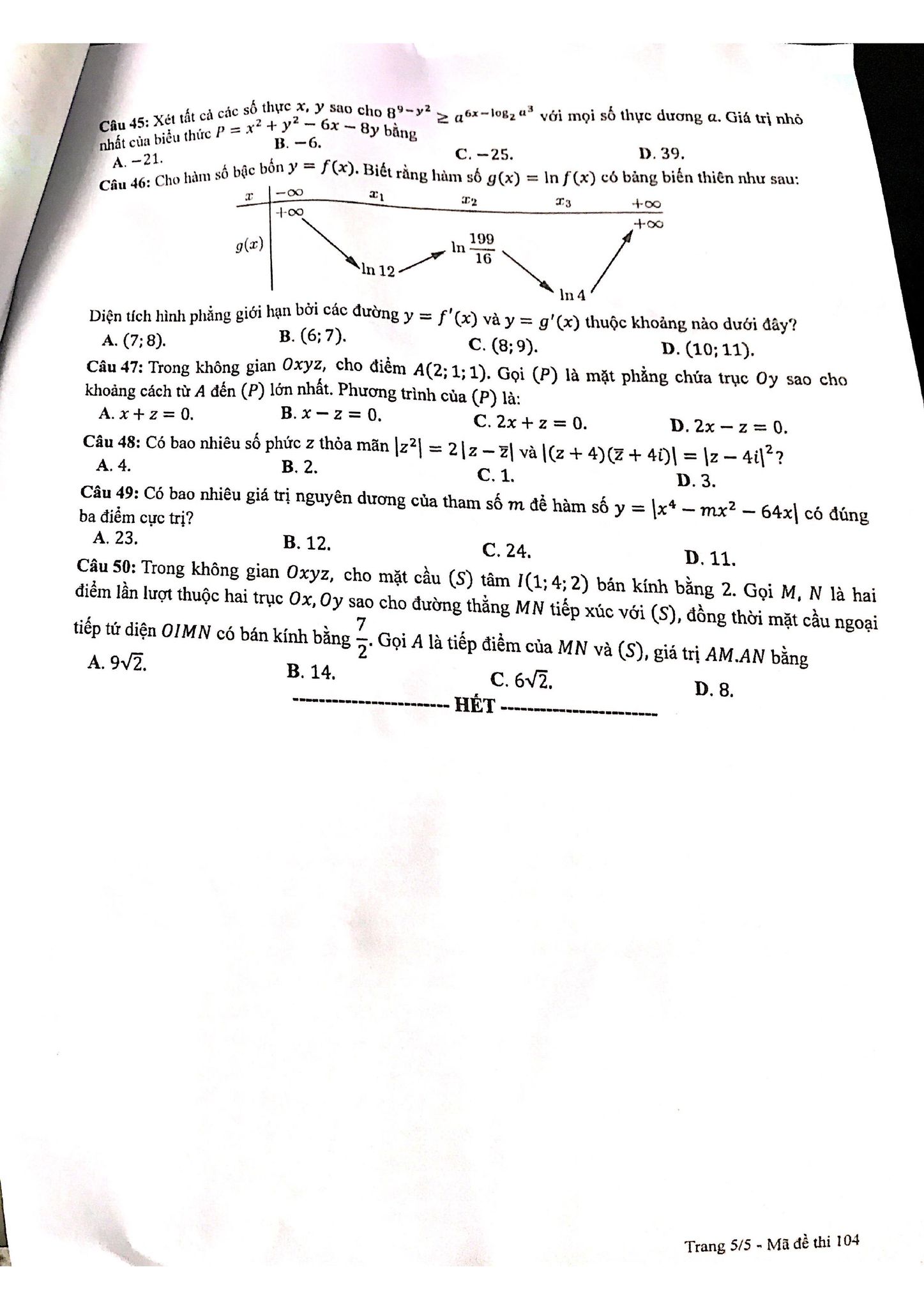 Giáo dục - Đáp án đề thi môn Toán tốt nghiệp THPT 2022 chuẩn nhất mã đề 104 (Hình 5).