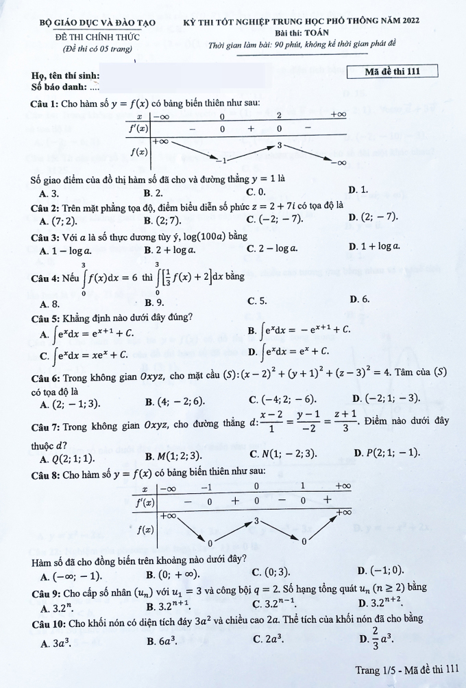 Giáo dục - Đáp án đề thi môn Toán tốt nghiệp THPT 2022 chuẩn nhất mã đề 111 (Hình 2).