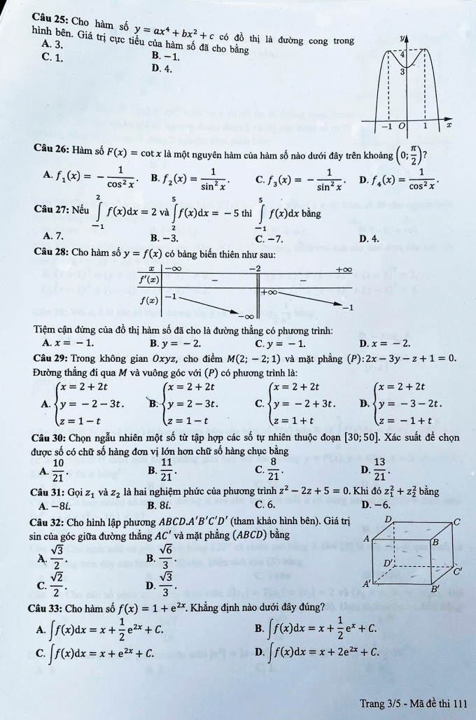 Giáo dục - Đáp án đề thi môn Toán tốt nghiệp THPT 2022 chuẩn nhất mã đề 111 (Hình 4).
