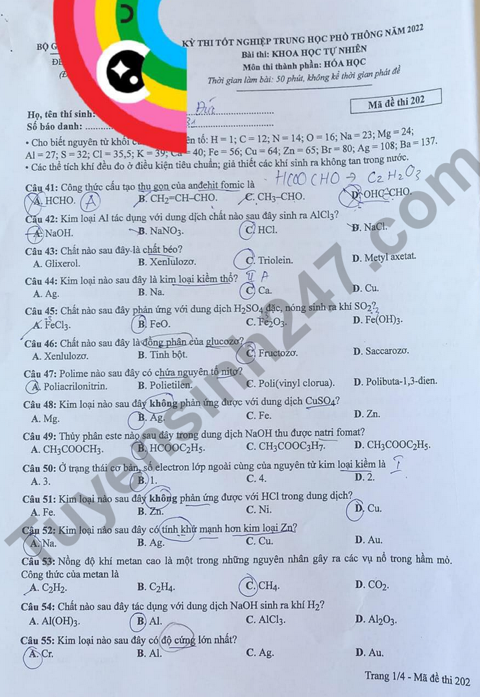 Giáo dục - Đáp án đề thi môn Hóa học tốt nghiệp THPT 2022 chuẩn nhất mã đề 204 (Hình 2).