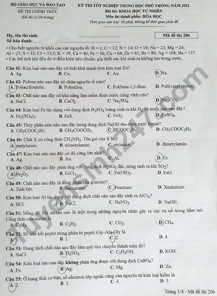 Giáo dục - Đáp án đề thi môn Hóa học tốt nghiệp THPT 2022 chuẩn nhất mã đề 206 (Hình 2).