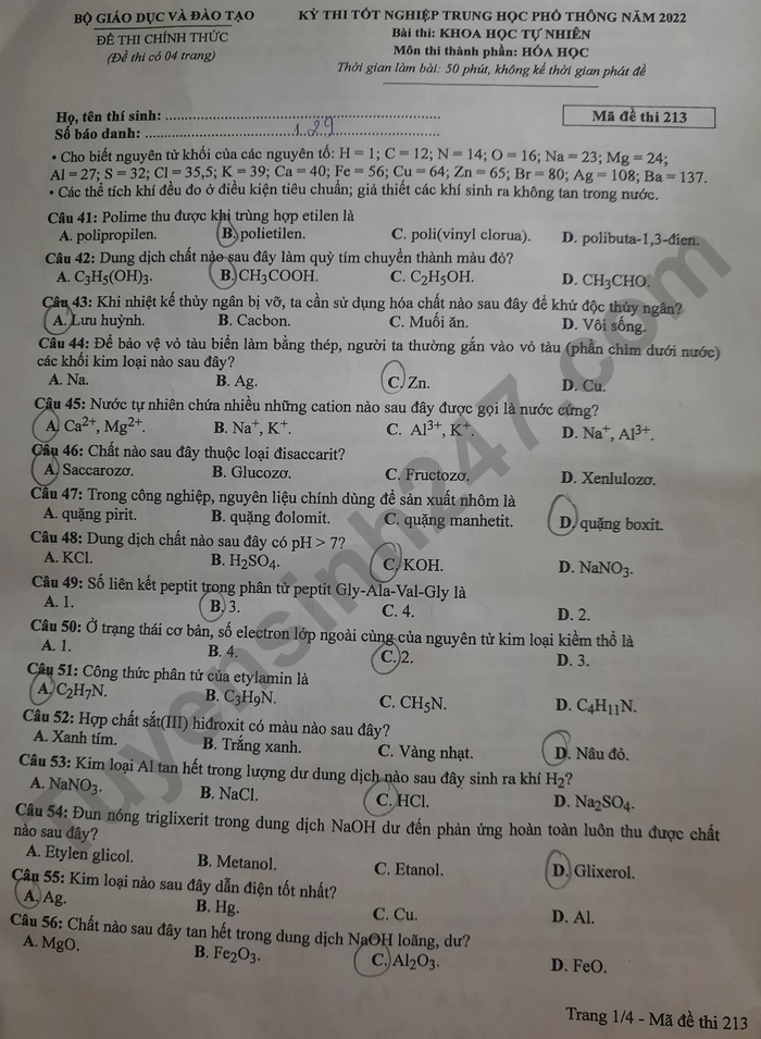 Giáo dục - Đáp án đề thi môn Hóa học tốt nghiệp THPT 2022 chuẩn nhất mã đề 213 (Hình 2).