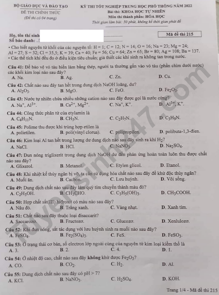 Giáo dục - Đáp án đề thi môn Hóa học tốt nghiệp THPT 2022 chuẩn nhất mã đề 215 (Hình 2).