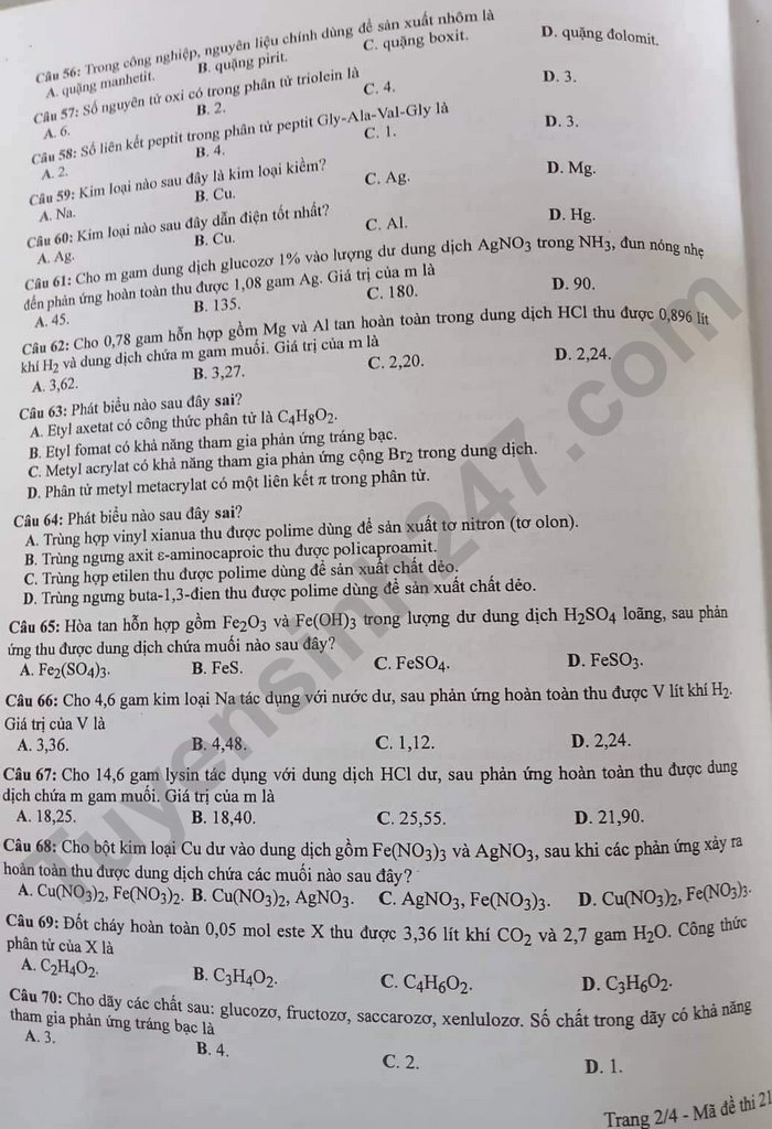 Giáo dục - Đáp án đề thi môn Hóa học tốt nghiệp THPT 2022 chuẩn nhất mã đề 215 (Hình 3).