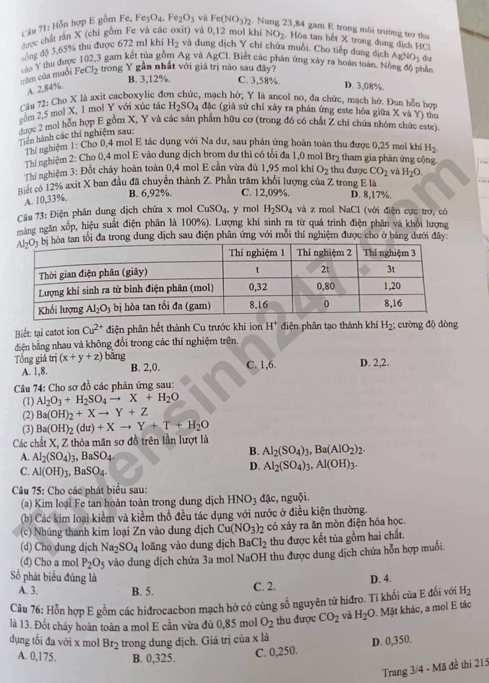 Giáo dục - Đáp án đề thi môn Hóa học tốt nghiệp THPT 2022 chuẩn nhất mã đề 215 (Hình 4).