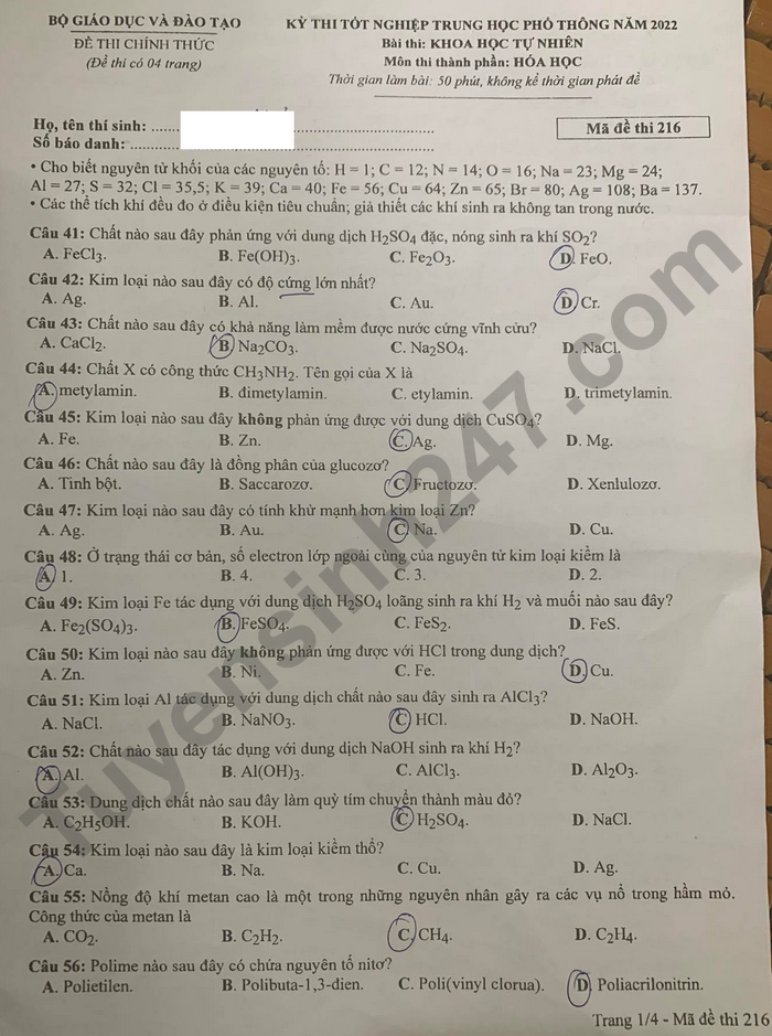 Giáo dục - Đáp án đề thi môn Hóa học tốt nghiệp THPT 2022 chuẩn nhất mã đề 216 (Hình 2).