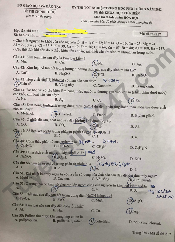 Giáo dục - Đáp án đề thi môn Hóa học tốt nghiệp THPT 2022 chuẩn nhất mã đề 217 (Hình 2).