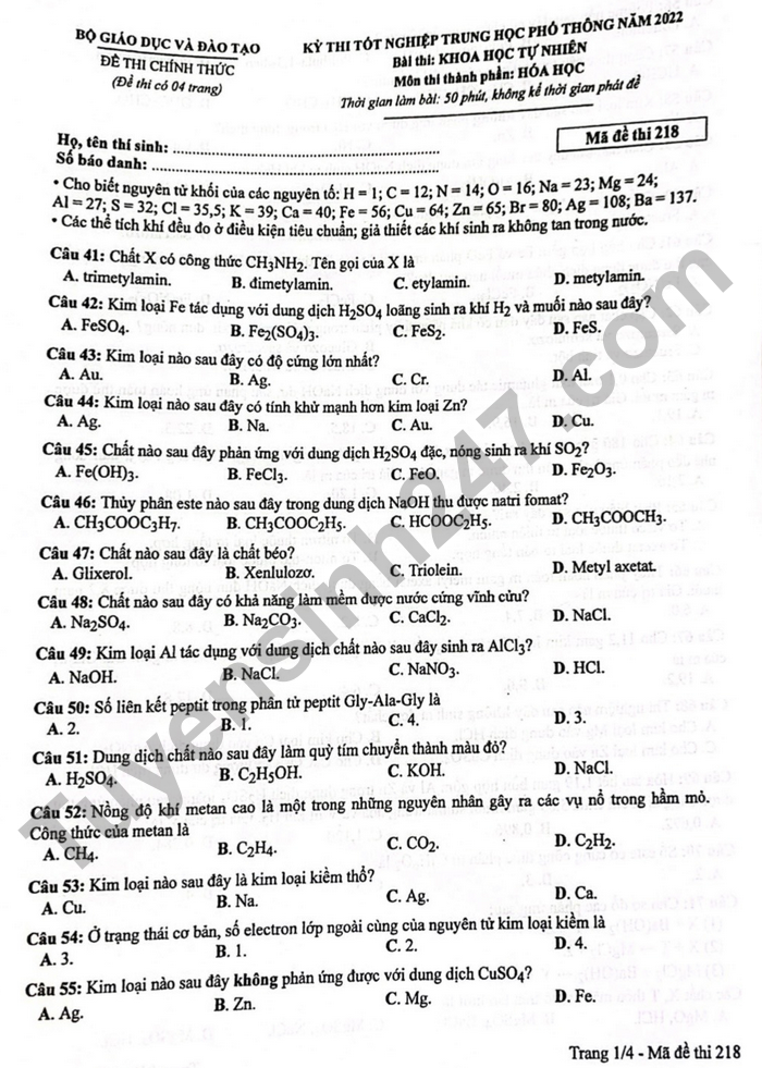 Giáo dục - Đáp án đề thi môn Hóa học tốt nghiệp THPT 2022 chuẩn nhất mã đề 218 (Hình 2).