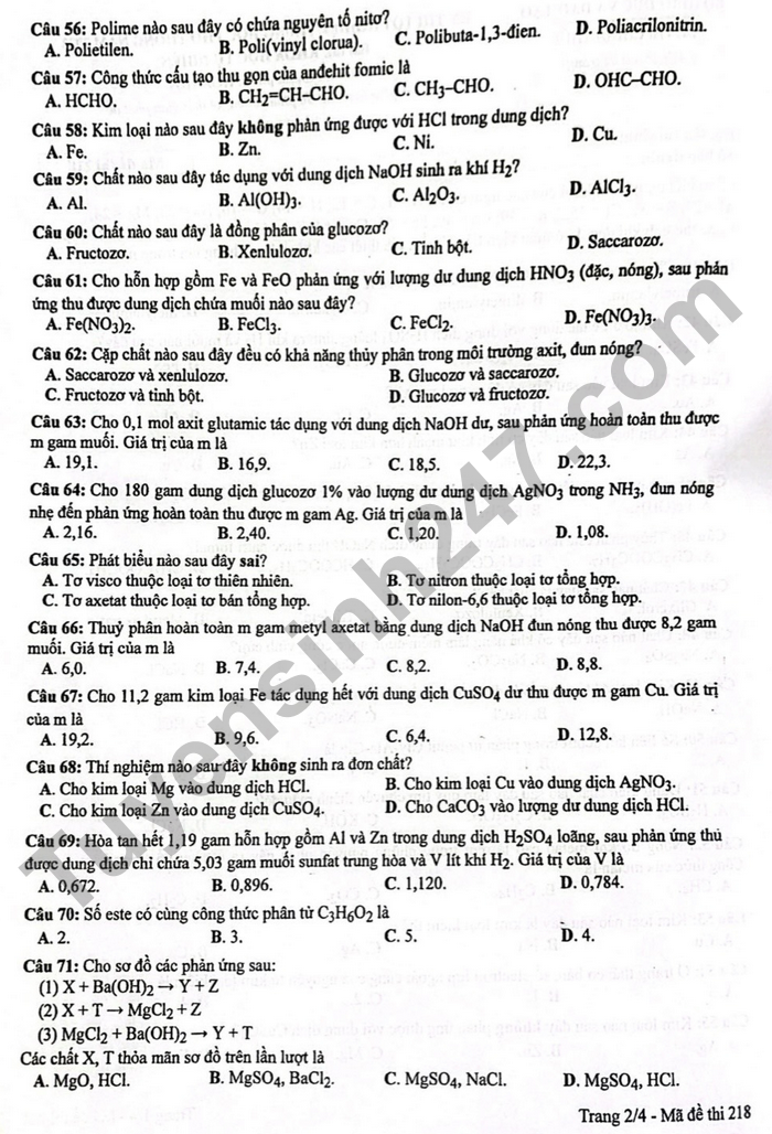 Giáo dục - Đáp án đề thi môn Hóa học tốt nghiệp THPT 2022 chuẩn nhất mã đề 218 (Hình 3).