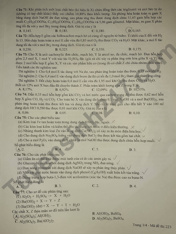 Giáo dục - Đáp án đề thi môn Hóa học tốt nghiệp THPT 2022 chuẩn nhất mã đề 223 (Hình 4).
