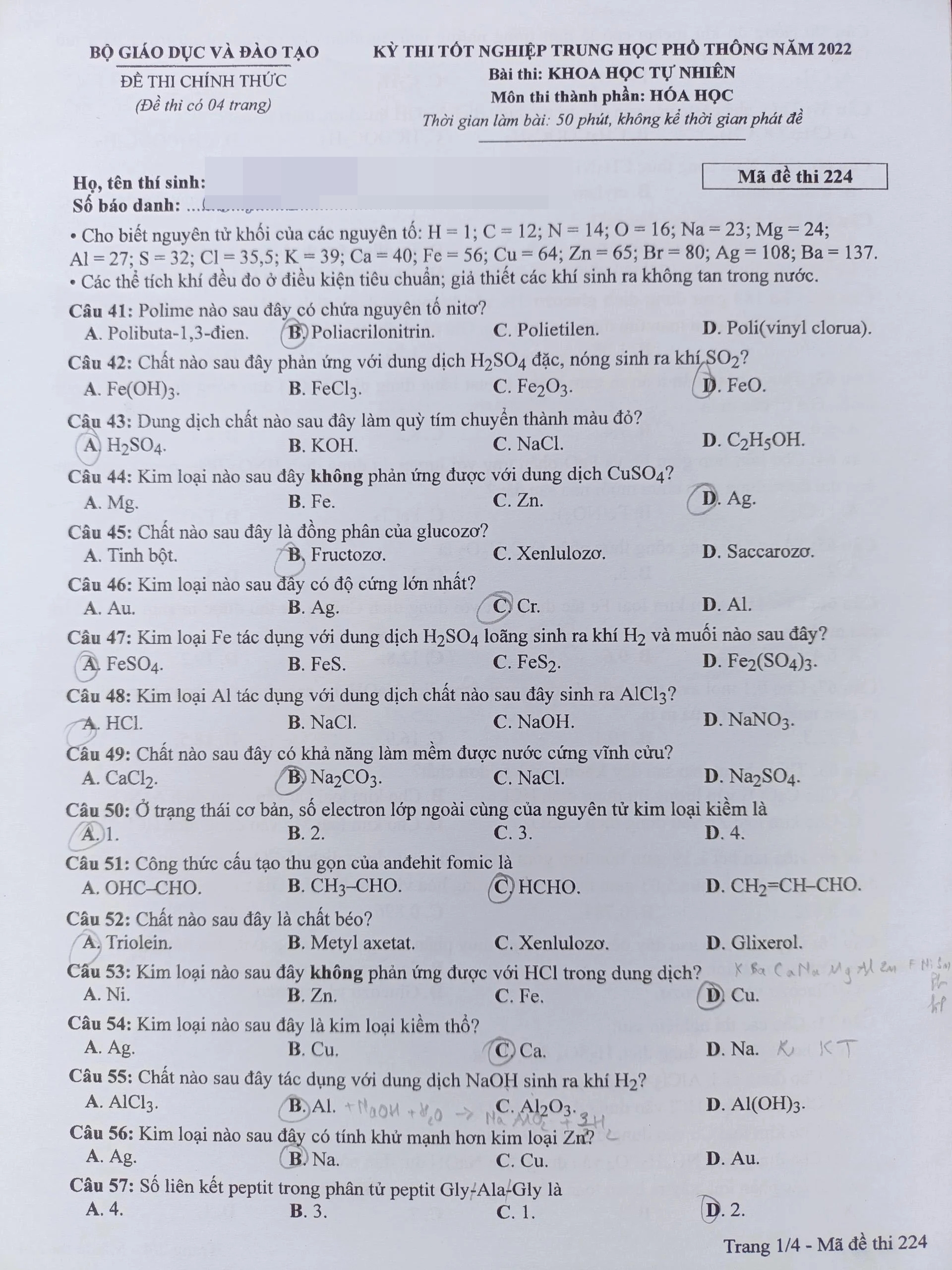 Giáo dục - Đáp án đề thi môn Hóa học tốt nghiệp THPT 2022 chuẩn nhất mã đề 224 (Hình 2).