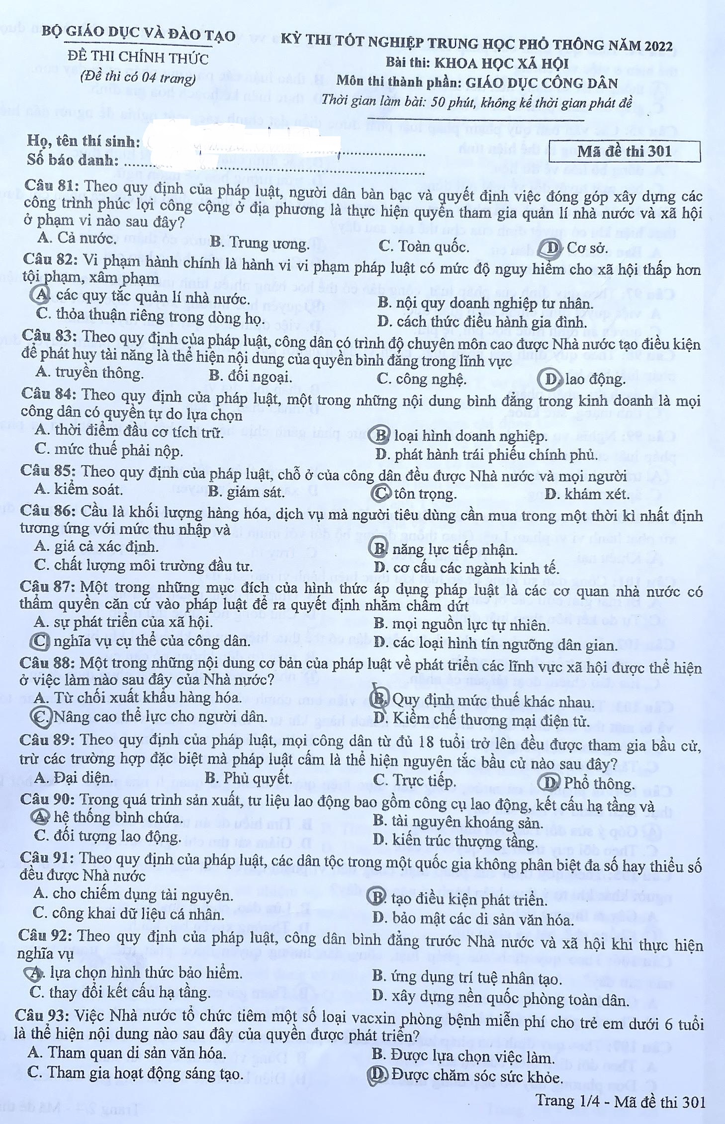 Giáo dục - Đáp án đề thi môn GDCD mã đề 301 thi tốt nghiệp THPT năm 2022