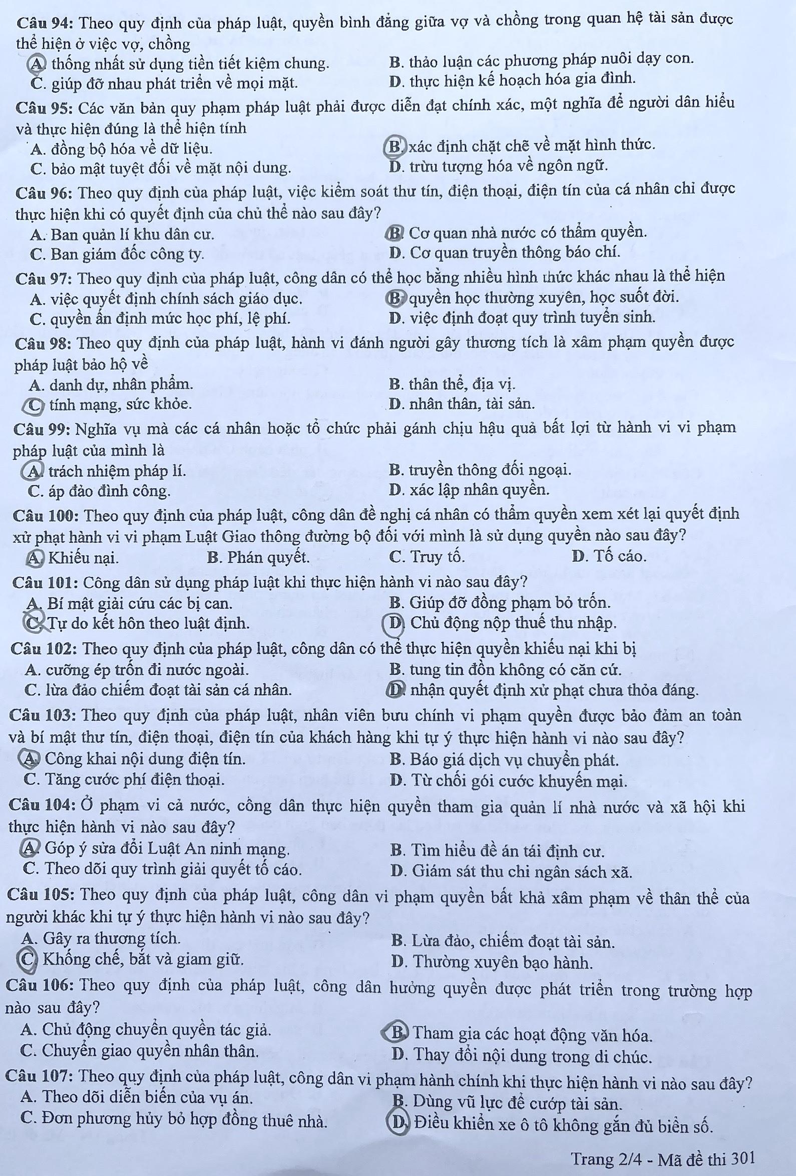 Giáo dục - Đáp án đề thi môn GDCD mã đề 301 thi tốt nghiệp THPT năm 2022 (Hình 2).