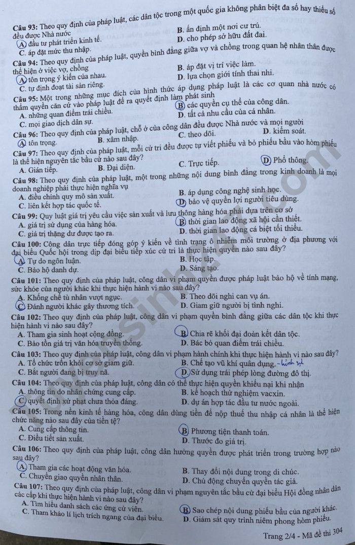 Giáo dục - Đáp án đề thi môn GDCD mã đề 304 thi tốt nghiệp THPT năm 2022 (Hình 2).